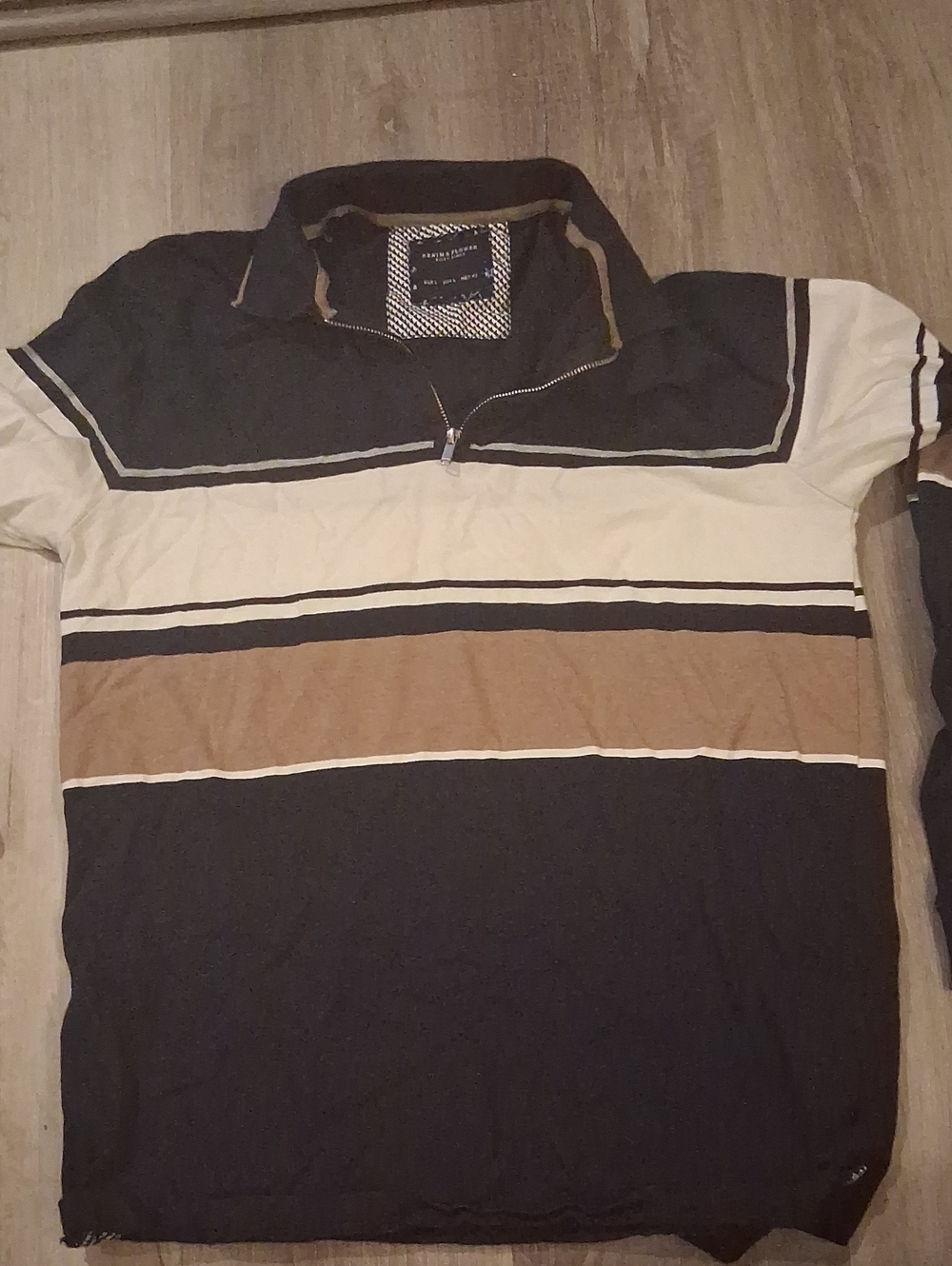 Denim & Flower Men's Long Sleeve Polo - Black, Cream & Tan Stripes